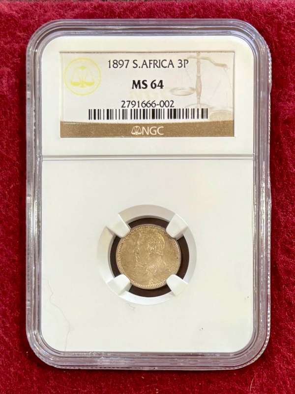 Stunning Graded ZAR 1897 Silver Tickey (3P): NGC MS64