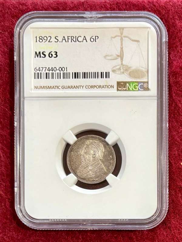 Stunning Graded ZAR 1892 Silver Sixpence (6P): NGC MS63