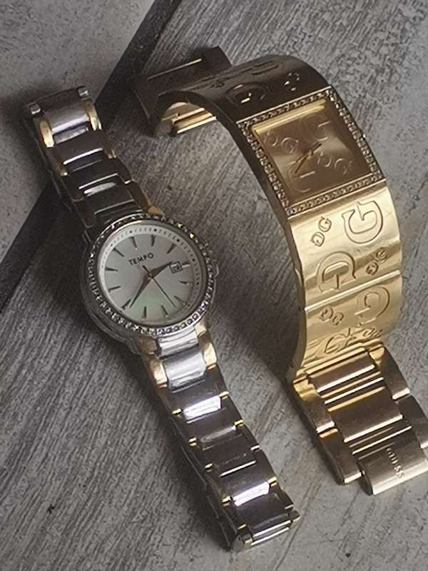 STUNNING AND ELEGANT LADIES GUESS AND TEMPO MOTHER OF PEARL WATCHES IN EXCELLENT WORKING CONDITION