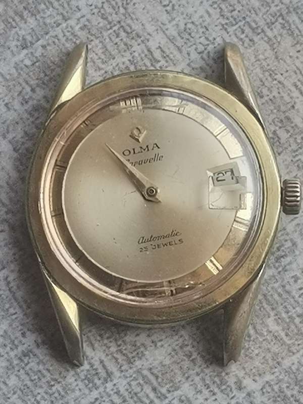 MENS VINTAGE OLMA CARAVELLE AUTOMATIC 25 JEWELS 20 MICRON GOLD WATCH FOR RESTORATION OR REPAIRS