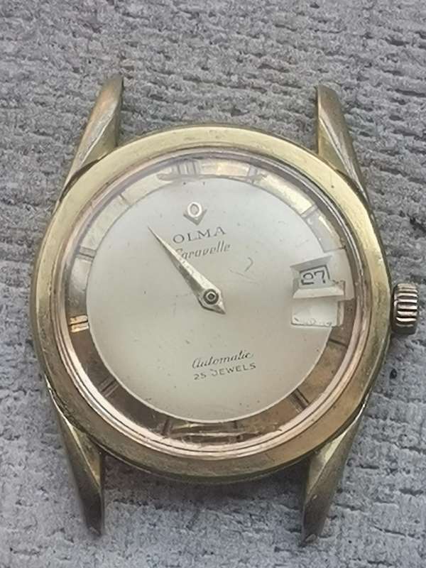 MENS VINTAGE OLMA CARAVELLE AUTOMATIC 25 JEWELS 20 MICRON GOLD WATCH FOR RESTORATION OR REPAIRS