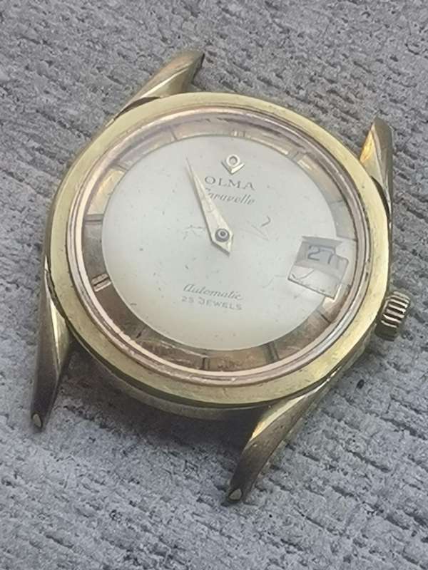 MENS VINTAGE OLMA CARAVELLE AUTOMATIC 25 JEWELS 20 MICRON GOLD WATCH FOR RESTORATION OR REPAIRS