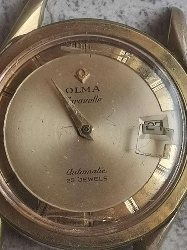 MENS VINTAGE OLMA CARAVELLE AUTOMATIC 25 JEWELS 20 MICRON GOLD WATCH FOR RESTORATION OR REPAIRS
