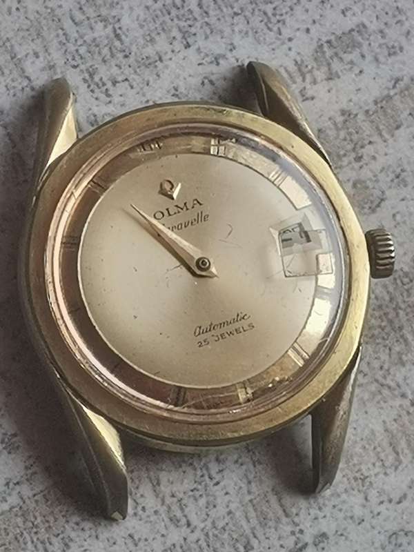 MENS VINTAGE OLMA CARAVELLE AUTOMATIC 25 JEWELS 20 MICRON GOLD WATCH FOR RESTORATION OR REPAIRS