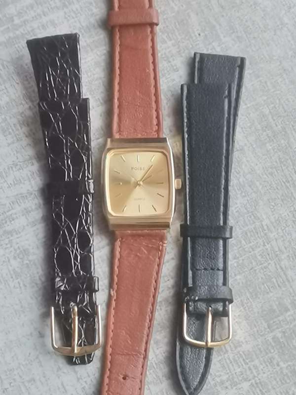 MENS GOLD PLATED POISE WATCH WITH 2 EXTRA STRAPS IN EXCELLENT WORKING CONDITION