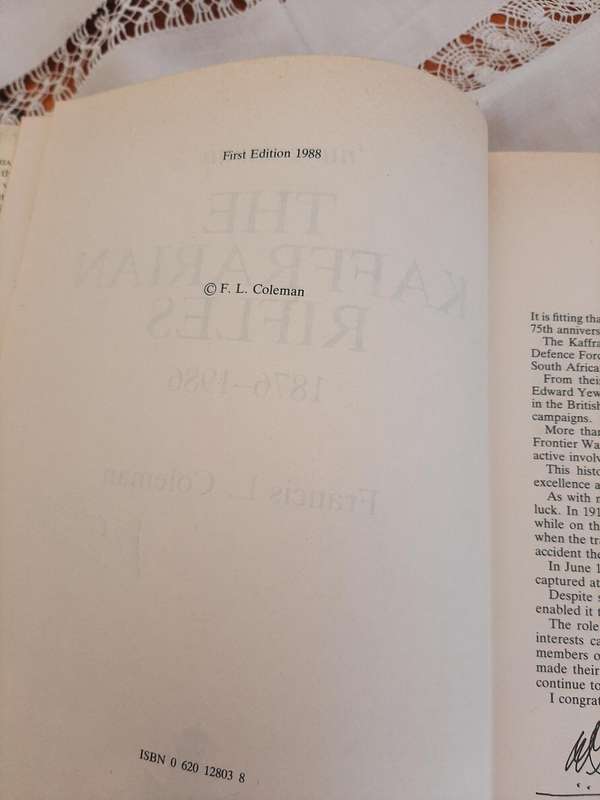 THE KAFFRARIAN RIFLES 1876-1986 FRANCIS L. COLEMAN SIGNED BY AUTHOR FIRST EDITION 1988