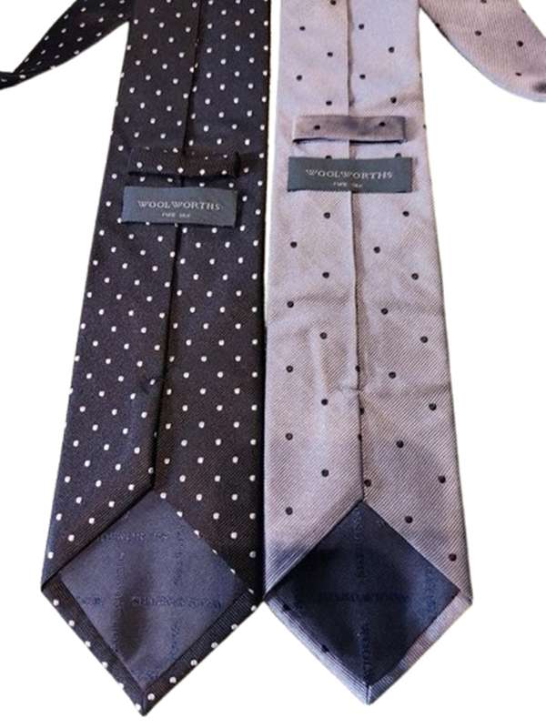 2  x Woolworths Pure Silk Ties - Grey Polka Dot, Black Polka Dot - Very Good Condition
