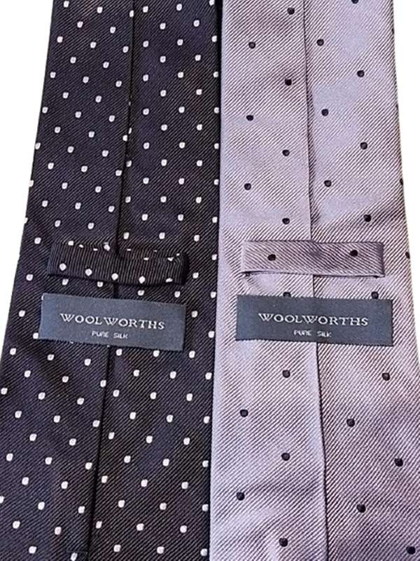 2  x Woolworths Pure Silk Ties - Grey Polka Dot, Black Polka Dot - Very Good Condition