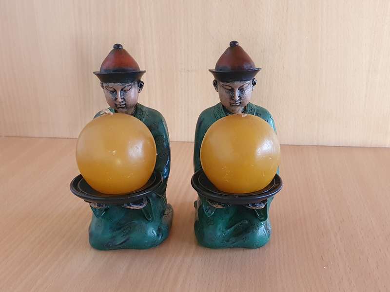 Set of 2 Small Chinese Male Figurine Candle Holders