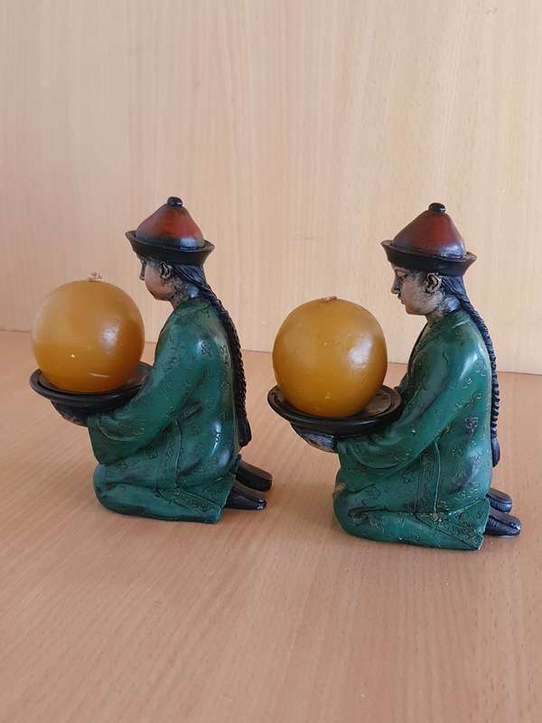 Set of 2 Small Chinese Male Figurine Candle Holders