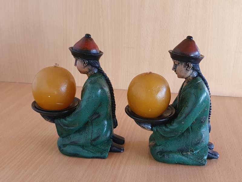 Set of 2 Small Chinese Male Figurine Candle Holders
