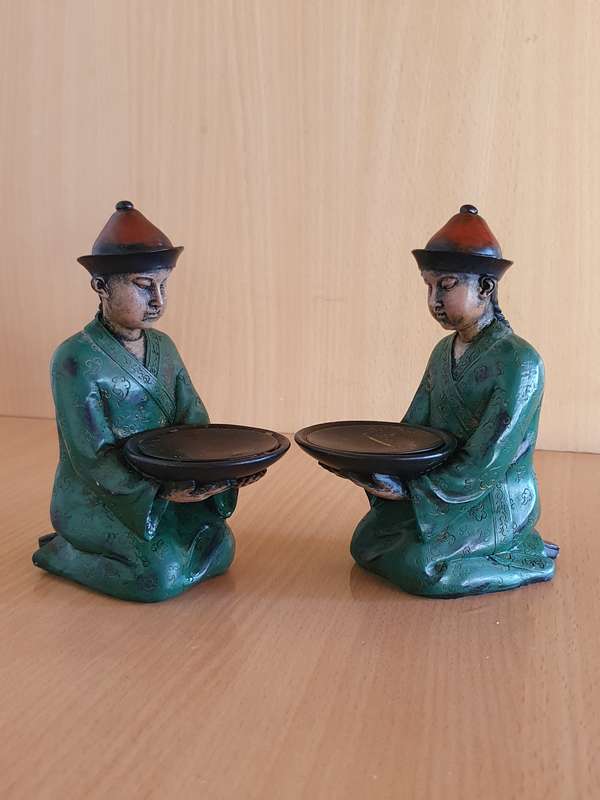 Set of 2 Small Chinese Male Figurine Candle Holders