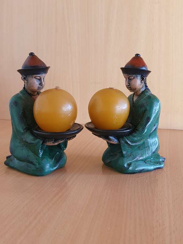 Set of 2 Small Chinese Male Figurine Candle Holders
