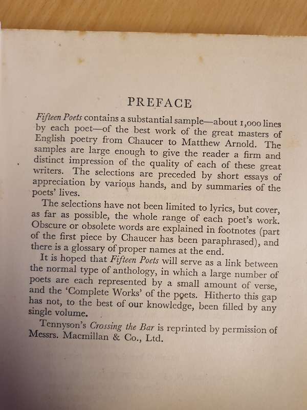 Fifteen Poets - From Chaucer to Arnold  (Hardcover)