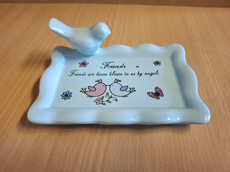 Blue Ceramic Dish with Bird - `Friends are kisses blown to us by angels`