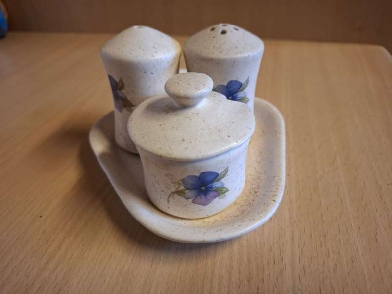 Set of 4 - Ceramic Salt, Pepper & Mustard Holders on a Tray