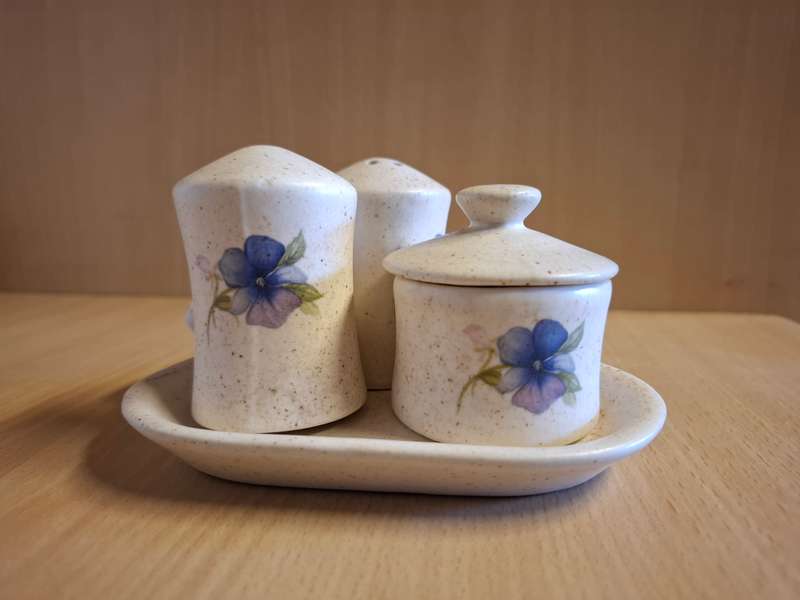 Set of 4 - Ceramic Salt, Pepper & Mustard Holders on a Tray