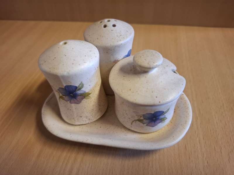 Set of 4 - Ceramic Salt, Pepper & Mustard Holders on a Tray