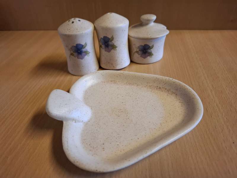 Set of 4 - Ceramic Salt, Pepper & Mustard Holders on a Tray