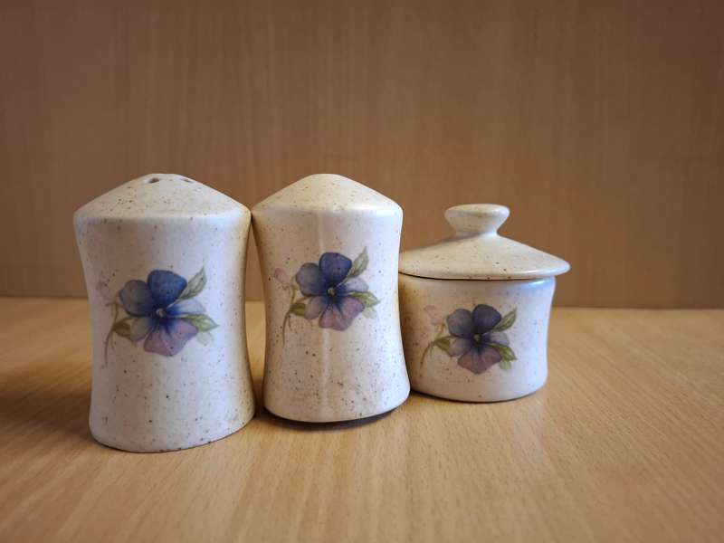 Set of 4 - Ceramic Salt, Pepper & Mustard Holders on a Tray