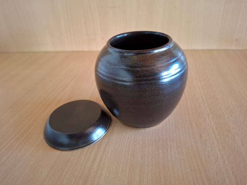 Brown Lidded Stoneware Jar - height 9cm width 8cm