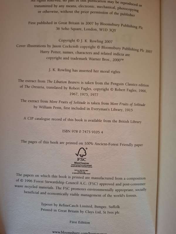 Harry Potter and the Deathly Hallows : J.K. Rowling - First Edition  (Hardcover)