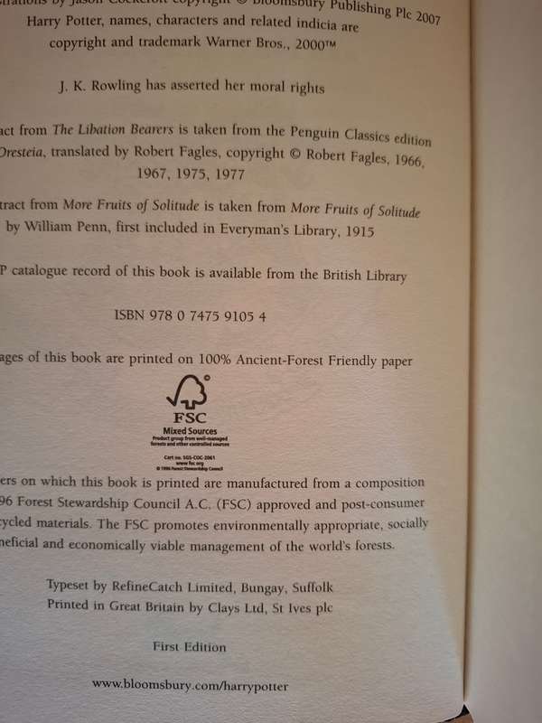 Harry Potter and the Deathly Hallows : J.K. Rowling - First Edition  (Hardcover)