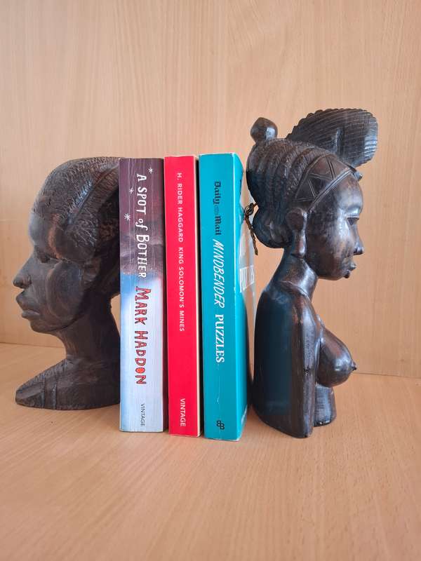 Set of 2 Carved Wooden African Figurine Heads Bookends
