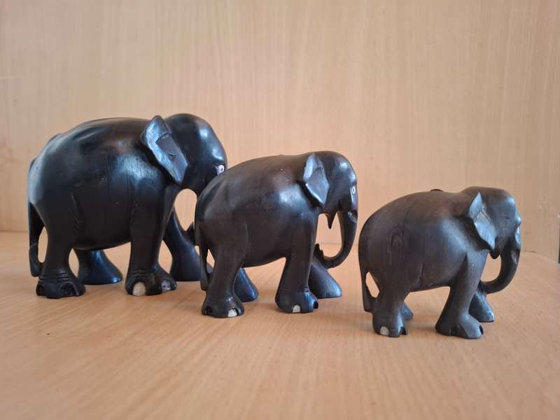Set of 3 Wooden Elephant Figurines