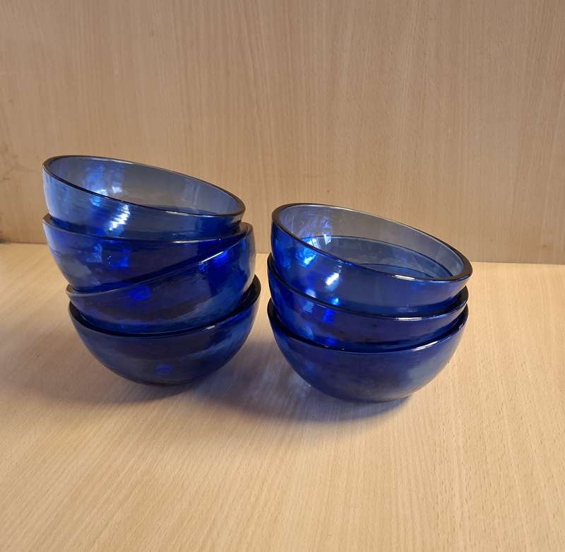 Set of 7 Cobalt Blue Glass Bowls - width 12cm height 6cm