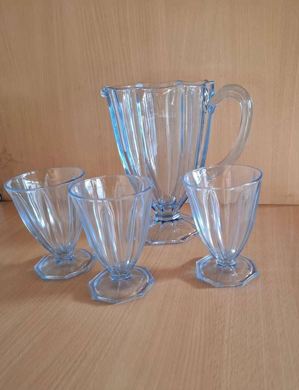 Set - Blue Glass Water/Juice Jug with 3 Glasses