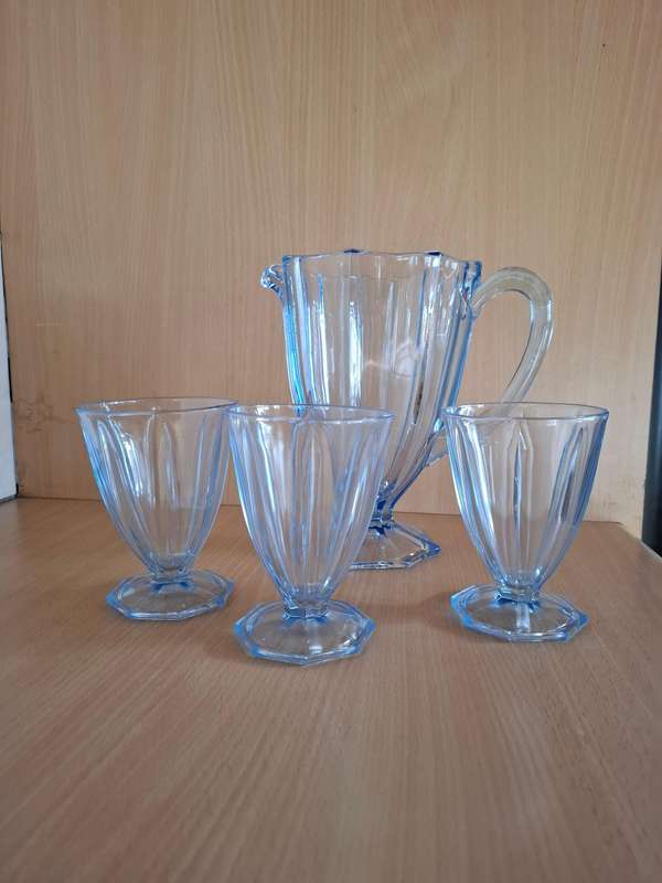 Set - Blue Glass Water/Juice Jug with 3 Glasses