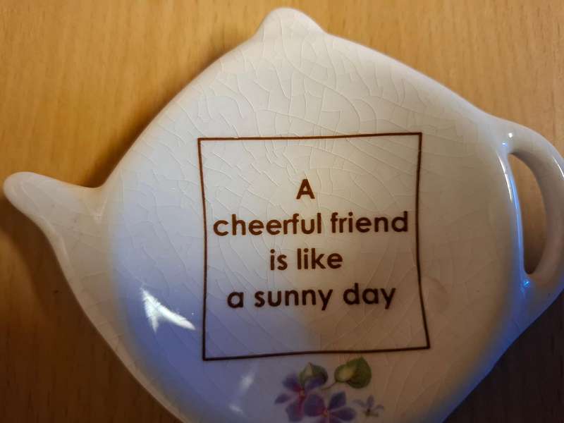 Small Ceramic Teabag Holder - A Cheerful Friend is like a Sunny Day  (11cm x 8)