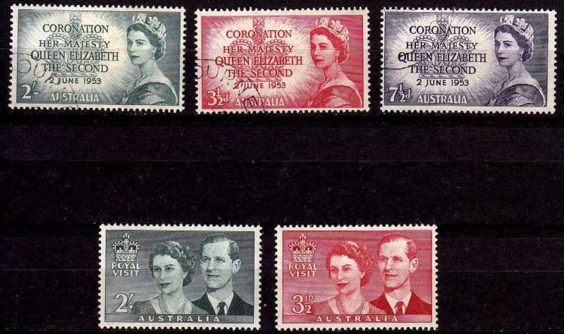 Australia,Scott#259,260,261,used,#267,269 MH,1953/54,QEII,CV$5.25