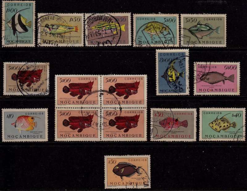 Mozambique,incomplete selection from Scott#333 to 350,1951,used,Fish,CV$5.00