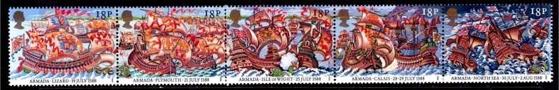 England, Scott #1217/21,1988,MNH,QEII,Strip of 5 stamps,CV$3.50