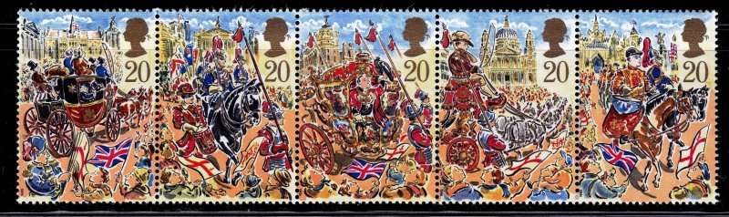 England, Scott #1289/93,1989,MNH,QEII,Strip of 5 stamps,CV$3.00