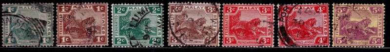 Malaysia, Scott #38,42,44,58,1906/32,FU,$CV3.25