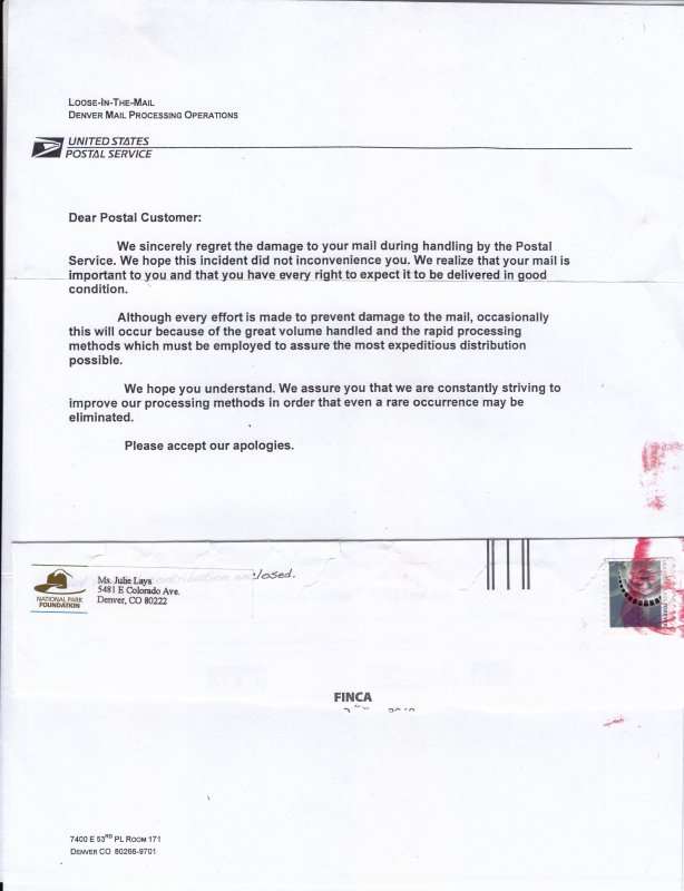 US,2011,Damaged letter with apology letter from USPS