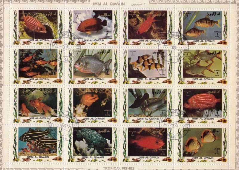 United Arab Emirates, UMM Al QIWAIN,1973,Tropical fish sheet, MNH,CTO