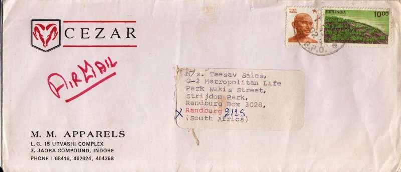 India,2002,Airmail cover from India to South Africa,Mahatma Gandhi