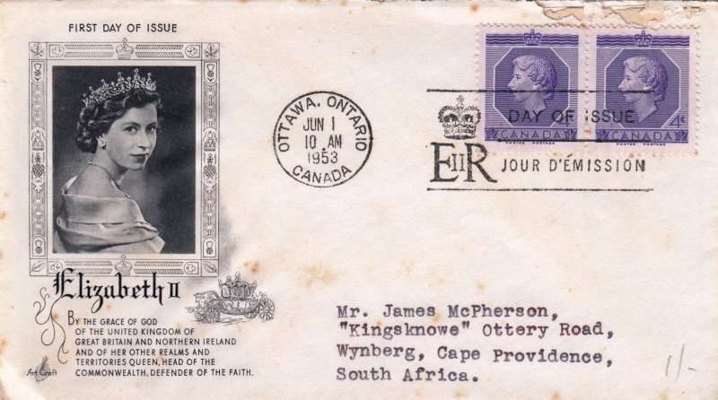 Canada, Scott #330,1953,FDC,Size16.6X9.4cm