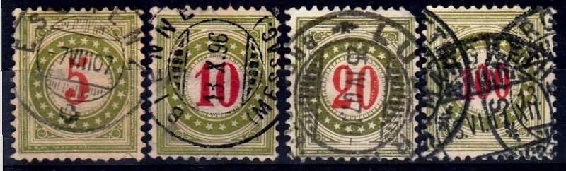 Switzerland,Scott#J24,J30,J32,J34,VFU,thinning on 5c and 20c,CV$10.00