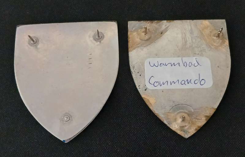 WARMBATHS COMMANDO SHOULDER FLASH PAIR  ( ONE FLASH 3 PINS REPAIRED AND ONE FLASH MISSING PIN ) L121