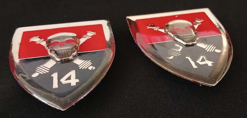 SADF 14 FIELD ARTILLERY REGIMENT SHOULDER FLASH PAIR ( SKULL MOUNTED ON TOP ) ---- ERROR SILVER  E4