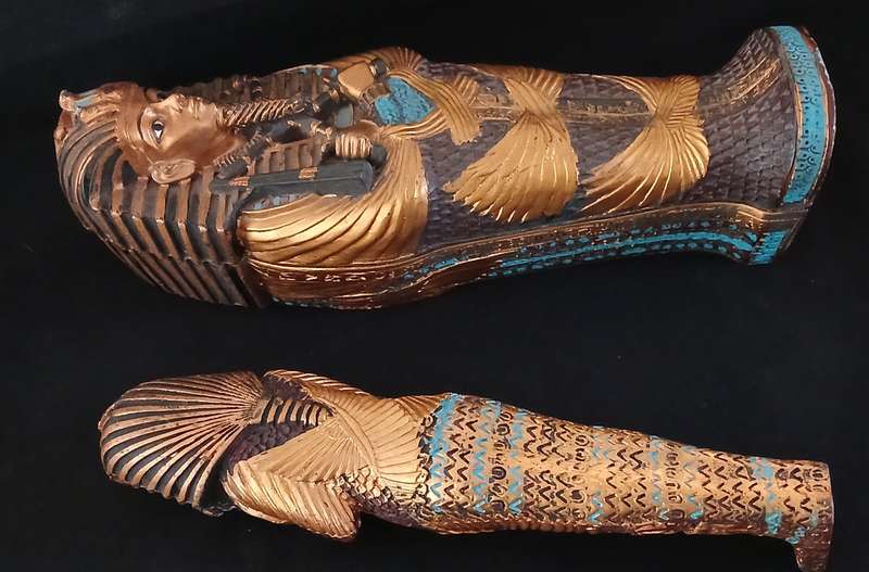 King Tut EGYPTIAN WITH MUMMY Ancient Figurine Statue Sarcophagus TUTANKHAMUN Size: 23 x 7cm