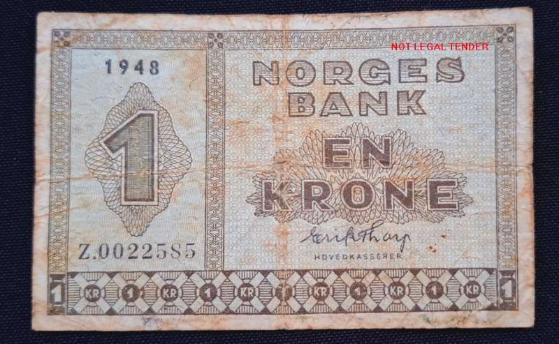 NORWAY   1948 NORGES BANK EN KRONE   Serial Number Z.0022585   Replacement Note    " RARE "       N3