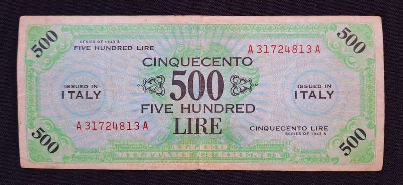 Italy 500 Lire Allied Military Currency Series Of 1943 A            " RARE "                   N8