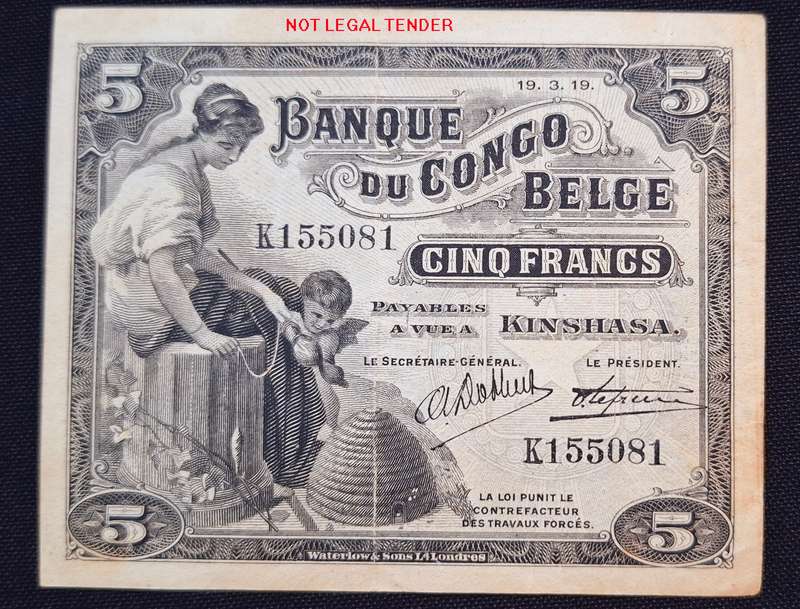 Belgian Congo 5 Francs  1919    EF+     "" RARE ""     IN SUPER CONDITION              N10