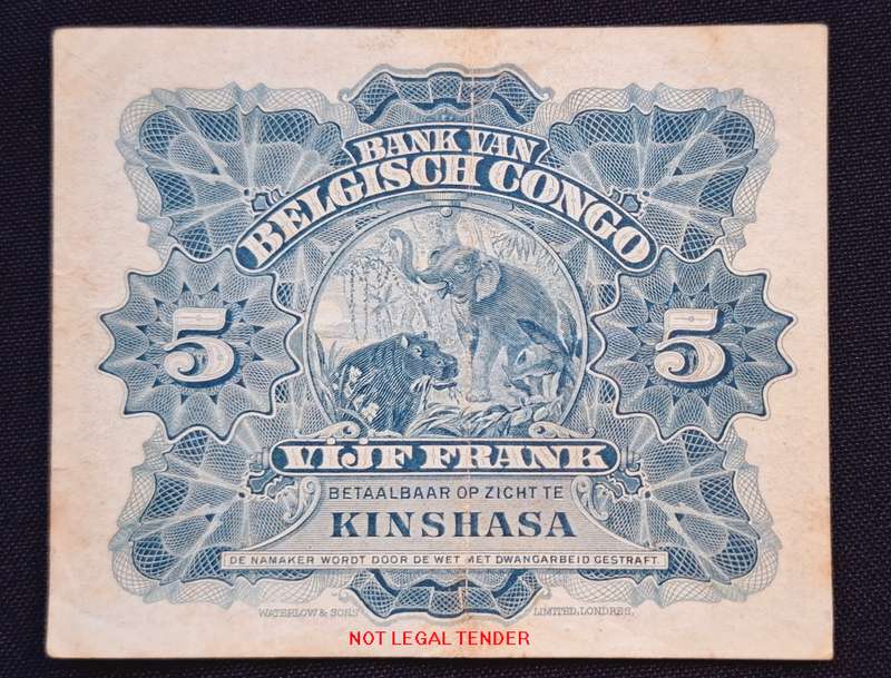 Belgian Congo 5 Francs  1919    EF+     "" RARE ""     IN SUPER CONDITION              N10